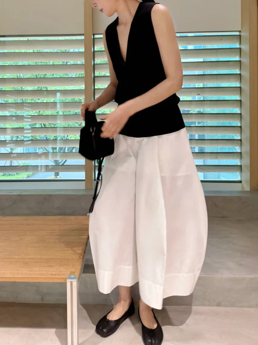 Minimalist High Waist White A-Line Midi Skirt – Elastic Waist Cotton Blend Skirt for Women (S-XL)