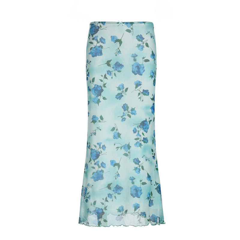 Blue Floral High Waist Chiffon Bodycon Midi Skirt – Elegant Vintage-Inspired Skirt for Women (S–XL)