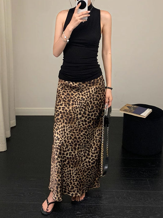 Leopard Satin High Waist Midi Skirt – Silky Animal Print Slit Skirt for Women (S–XL)