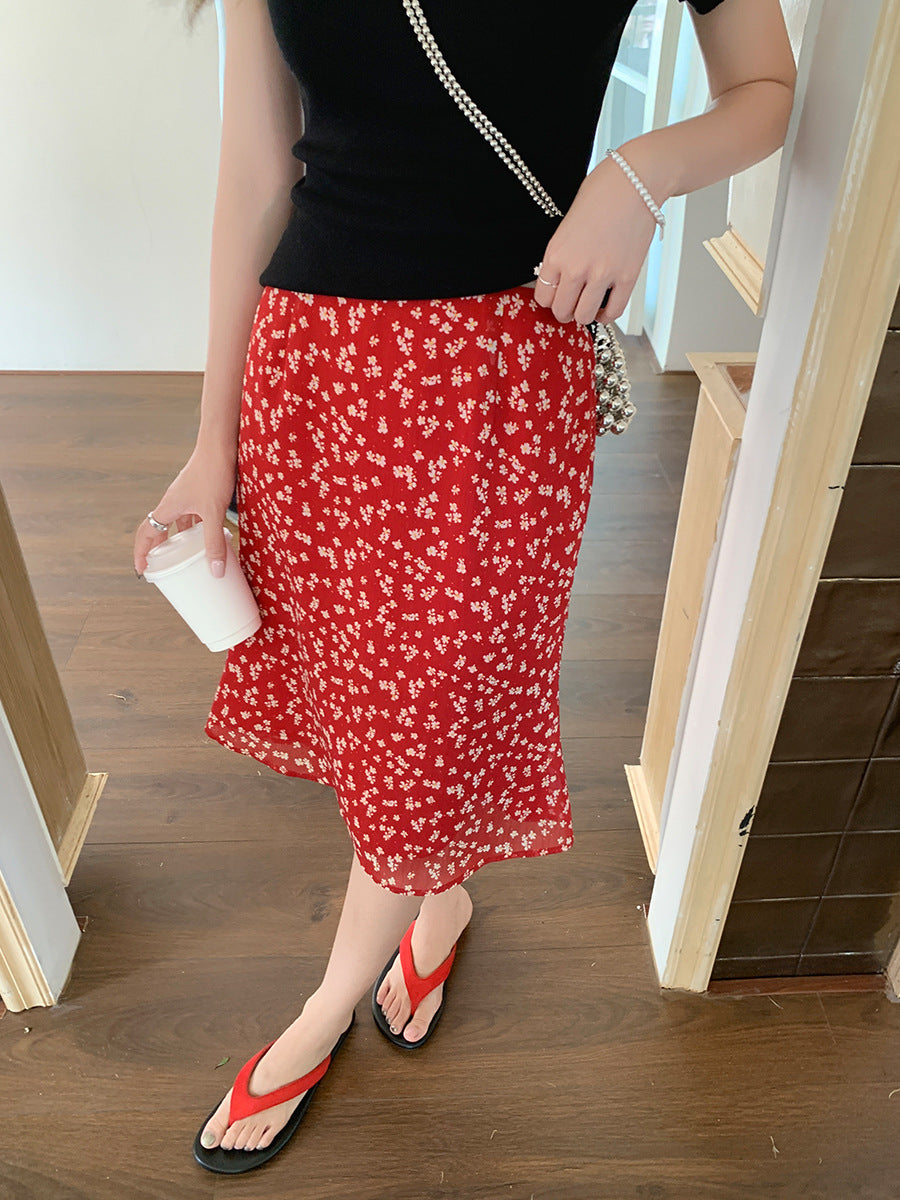 Red Floral Chiffon Midi Skirt – High Waist Ruffled Hem A-Line Skirt for Summer (S–XL)
