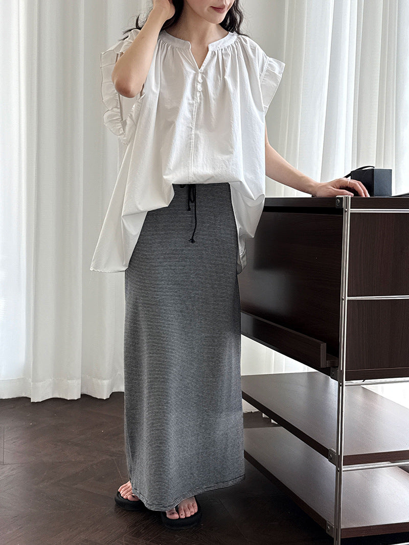 Classic Striped Drawstring Midi Skirt, Minimalist Straight - Cut Mid - Length Skirt, Versatile for Work & Leisure (Sizes S - XL)