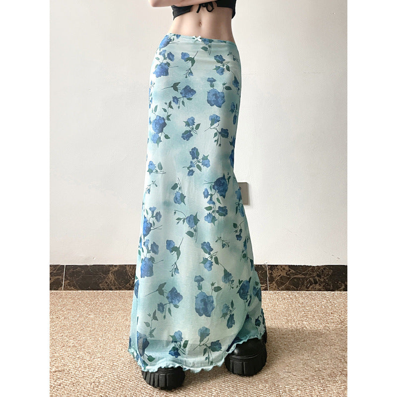 Blue Floral High Waist Chiffon Bodycon Midi Skirt – Elegant Vintage-Inspired Skirt for Women (S–XL)