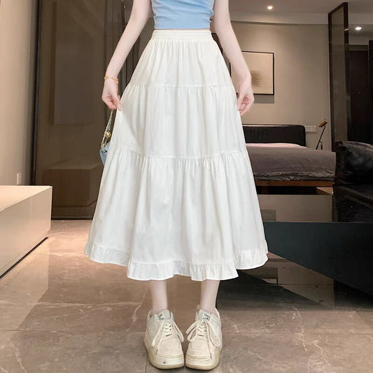 Sweet High Waist Tiered Ruffle Midi Skirt – White A-Line Elastic Waist Flowy Skirt for Women (S–XL)
