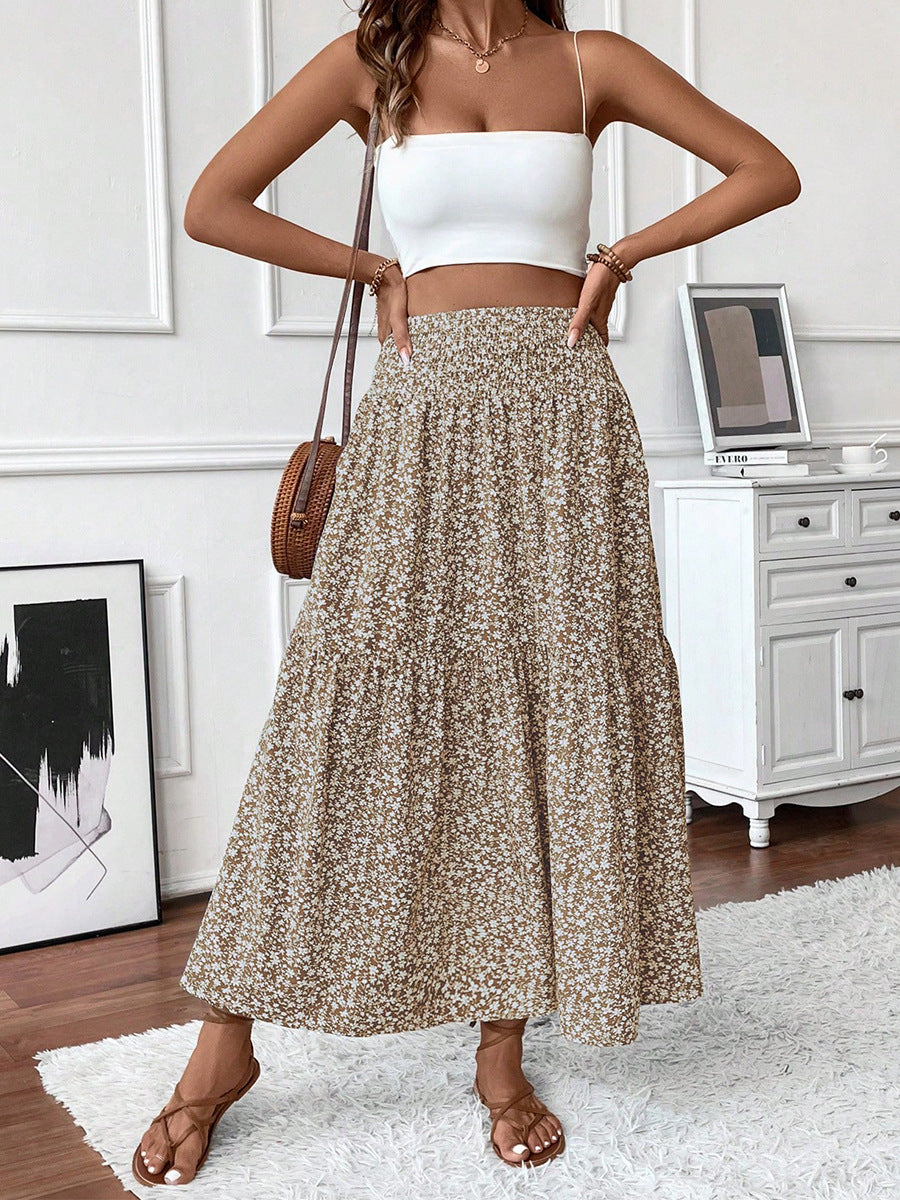 Boho Brown Floral High Waist Flowy Midi Skirt – Daisy Print Elastic Waist Skirt for Women (S–XL)