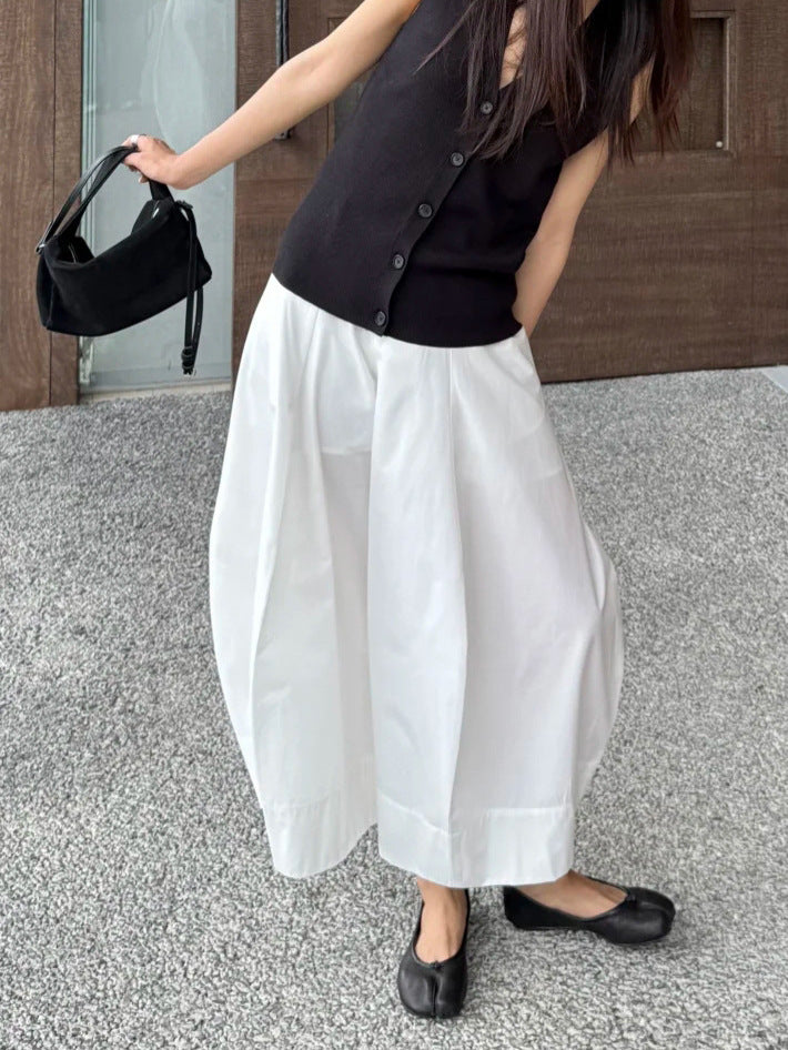 Minimalist High Waist White A-Line Midi Skirt – Elastic Waist Cotton Blend Skirt for Women (S-XL)