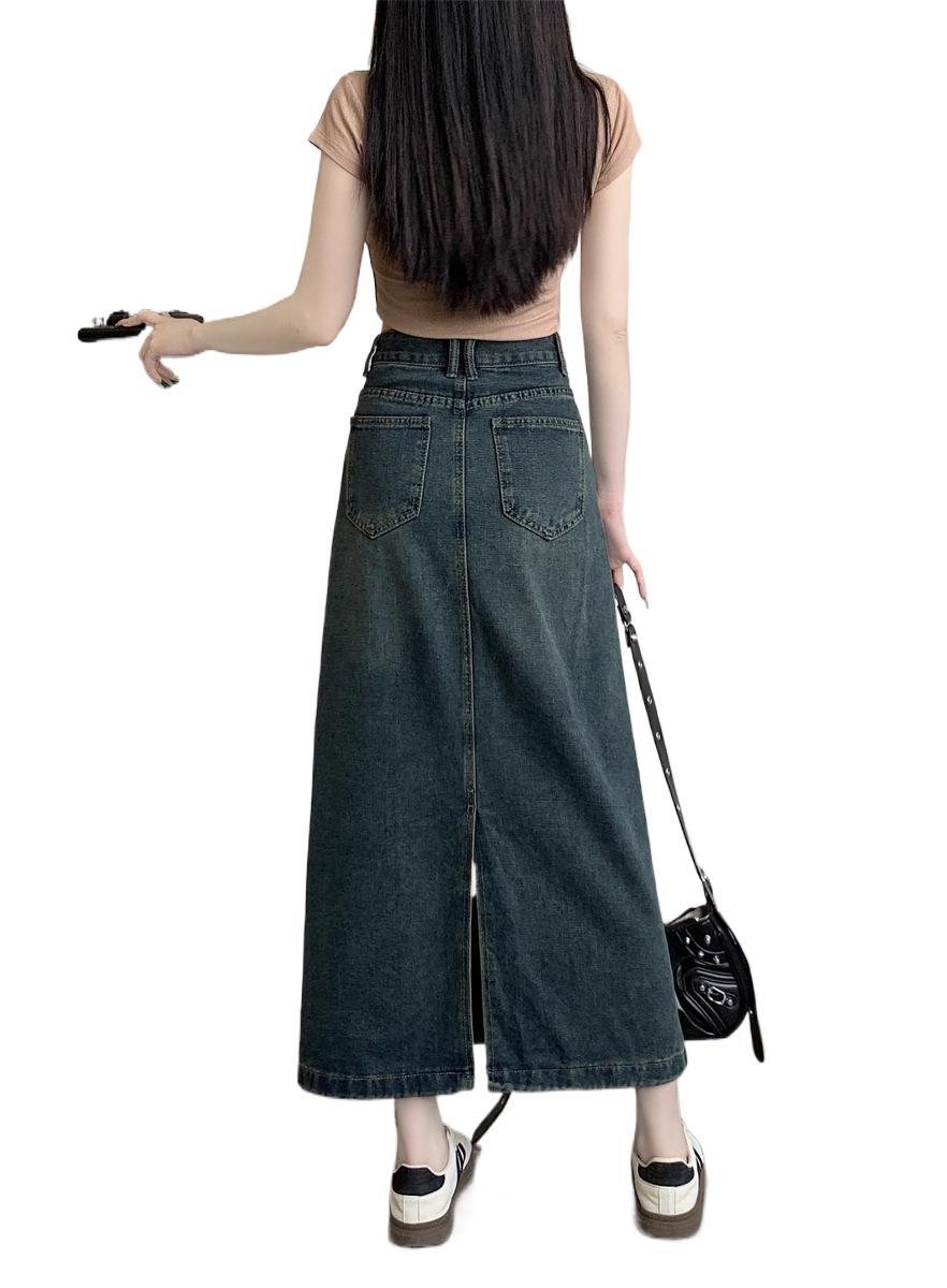 Vintage Washed High Waist Straight Denim Midi Skirt – Utility Pocket A-Line Skirt for Women (S–XL)