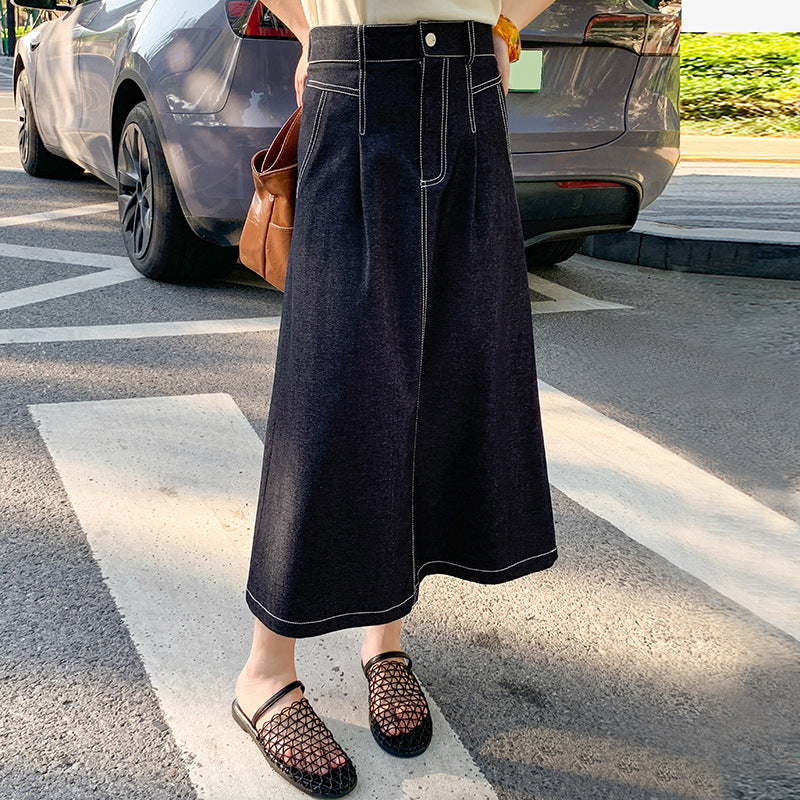 High Waist Dark Blue Straight Denim Midi Skirt – Basic Pocket Jean Skirt for Women (S–XL)