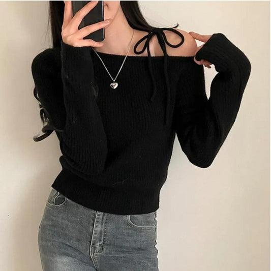 Off-Shoulder Tied Knit Top - Stylish and Simple, Showcasing Feminine Charm