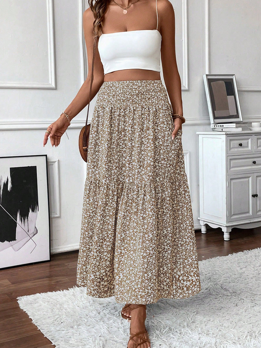 Boho Brown Floral High Waist Flowy Midi Skirt – Daisy Print Elastic Waist Skirt for Women (S–XL)