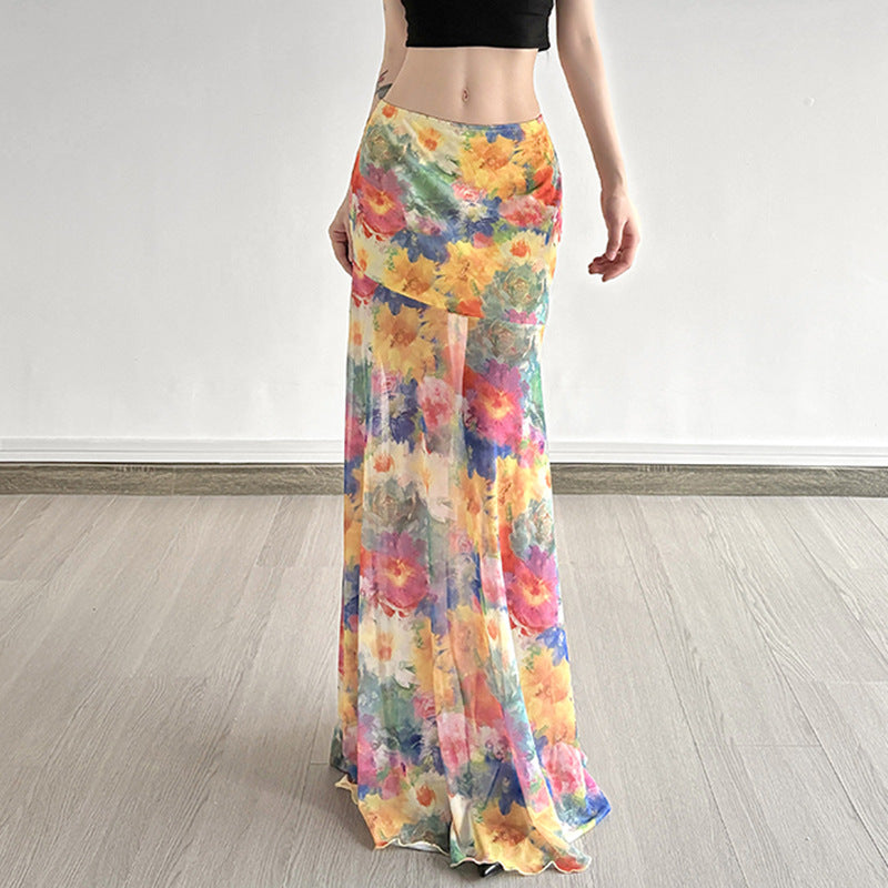 Colorful Floral Chiffon Midi Skirt – Asymmetrical High Waist Flowy Holiday Skirt for Women (S–XL)