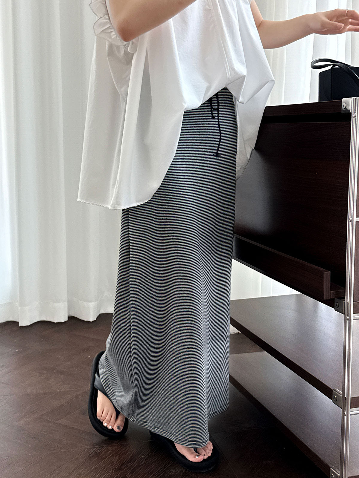 Classic Striped Drawstring Midi Skirt, Minimalist Straight - Cut Mid - Length Skirt, Versatile for Work & Leisure (Sizes S - XL)