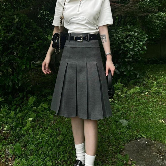 Dark Gray Pleated High Waist Midi Skirt – A-Line Academic Style Skater Skirt for Women (S–XL)