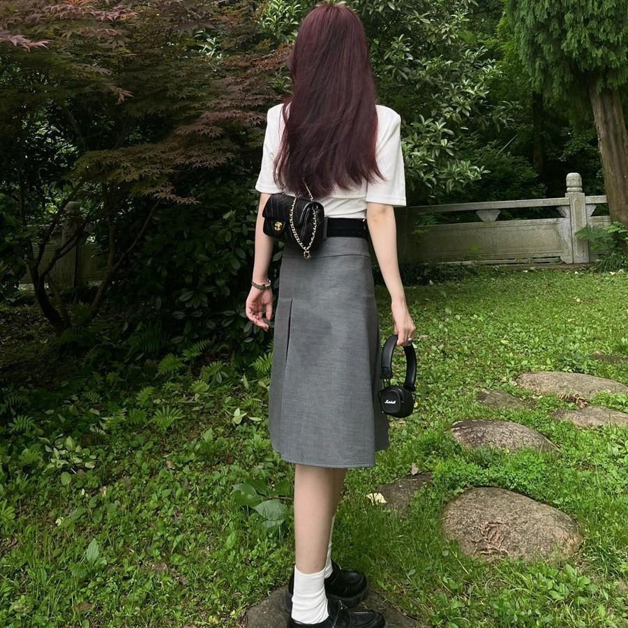Dark Gray Pleated High Waist Midi Skirt – A-Line Academic Style Skater Skirt for Women (S–XL)
