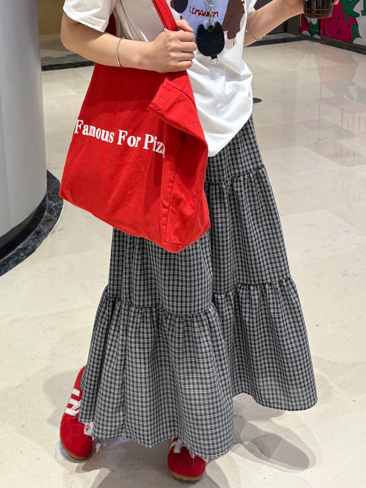 Vintage Checkered High - Waisted Tiered Skirt, Preppy Style Loose Midi Skirt, Versatile Artistic Plaid Skirt (Sizes S - XL)