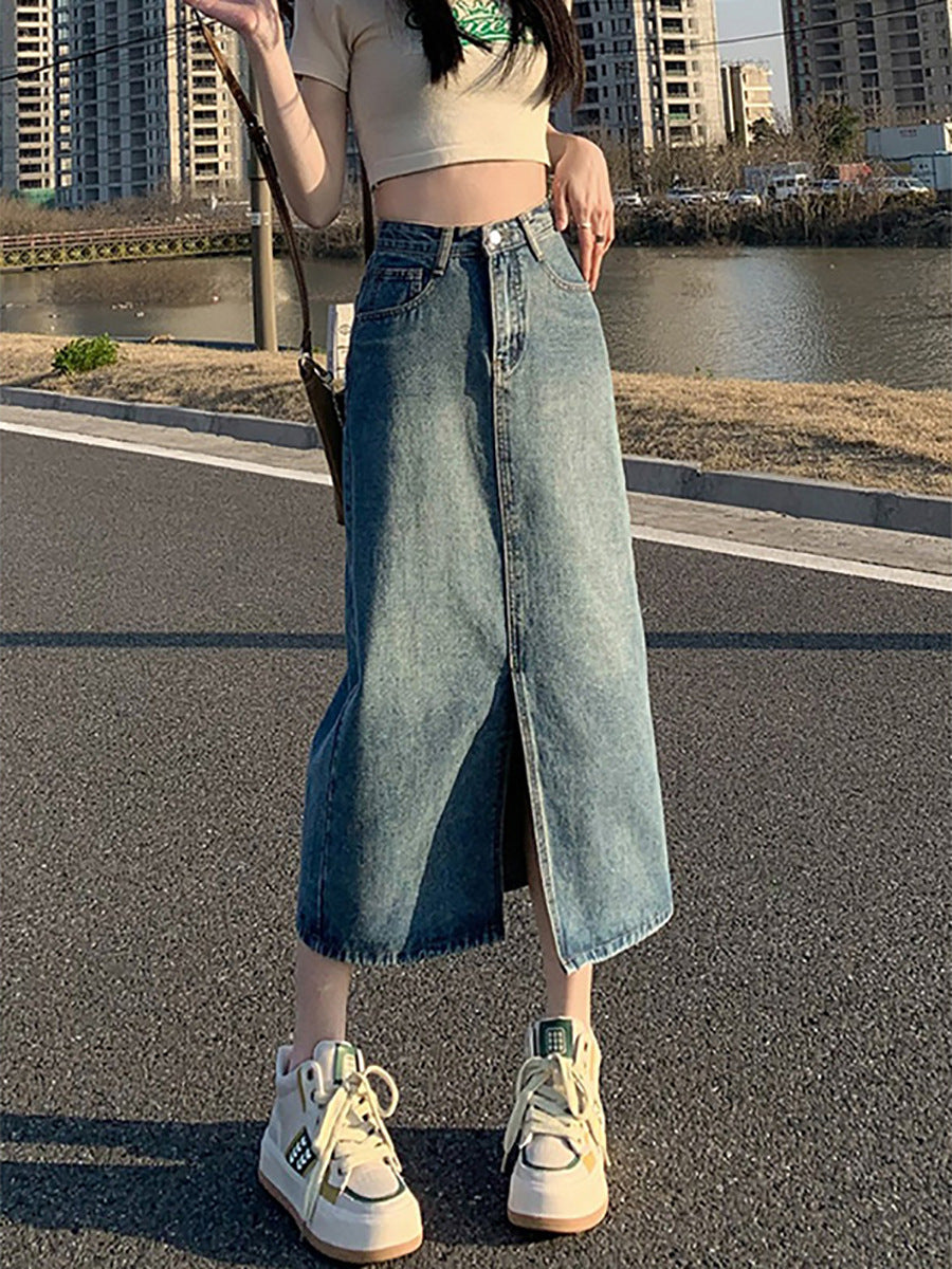 Vintage High Waist Front Slit Denim Midi Skirt – Straight A-Line Jean Skirt for Women (S–XL)
