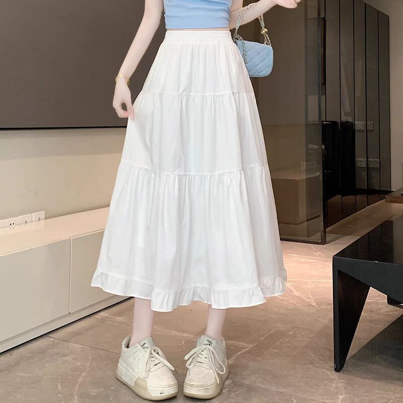 Sweet High Waist Tiered Ruffle Midi Skirt – White A-Line Elastic Waist Flowy Skirt for Women (S–XL)