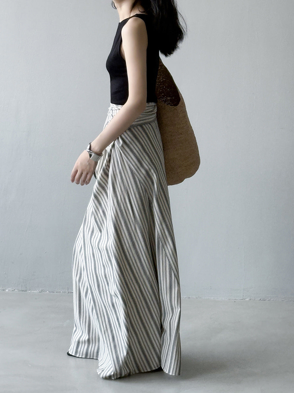 Minimalist High Waist Striped Wrap Midi Skirt – Gray-Green Tie Detail Flowing Skirt for Women (S–XL)