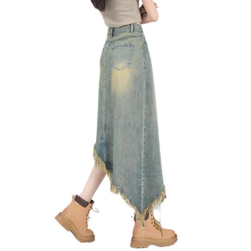 Asymmetrical High Waist Denim Midi Skirt – Frayed Hem Vintage Street Style A-Line Skirt for Women (S–XL)