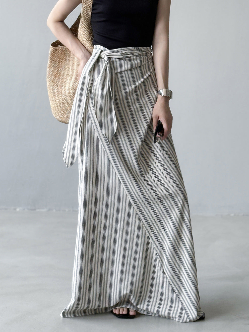 Minimalist High Waist Striped Wrap Midi Skirt – Gray-Green Tie Detail Flowing Skirt for Women (S–XL)