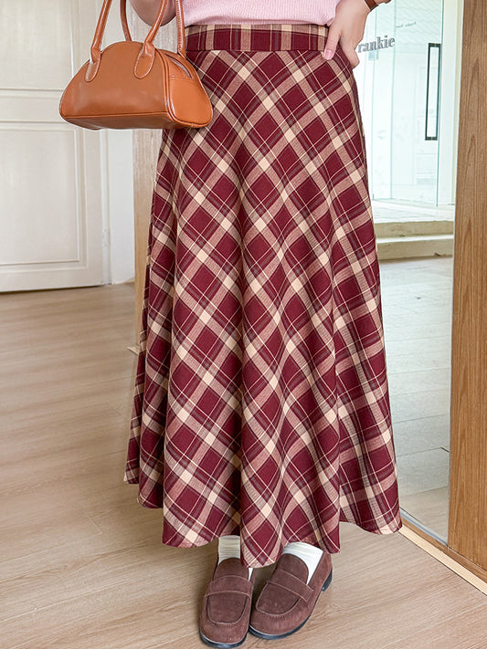 Vintage Wine Red Plaid High Waist Midi A-Line Skirt – Elegant Fall & Winter Skirt for Women (S–XL)