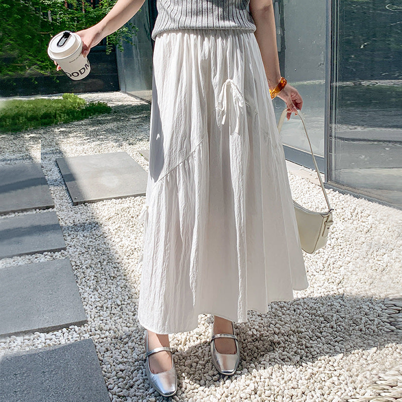 White High Waist Pleated A-Line Midi Skirt – Adjustable Gathered Detail Skirt for Women (S–XL)