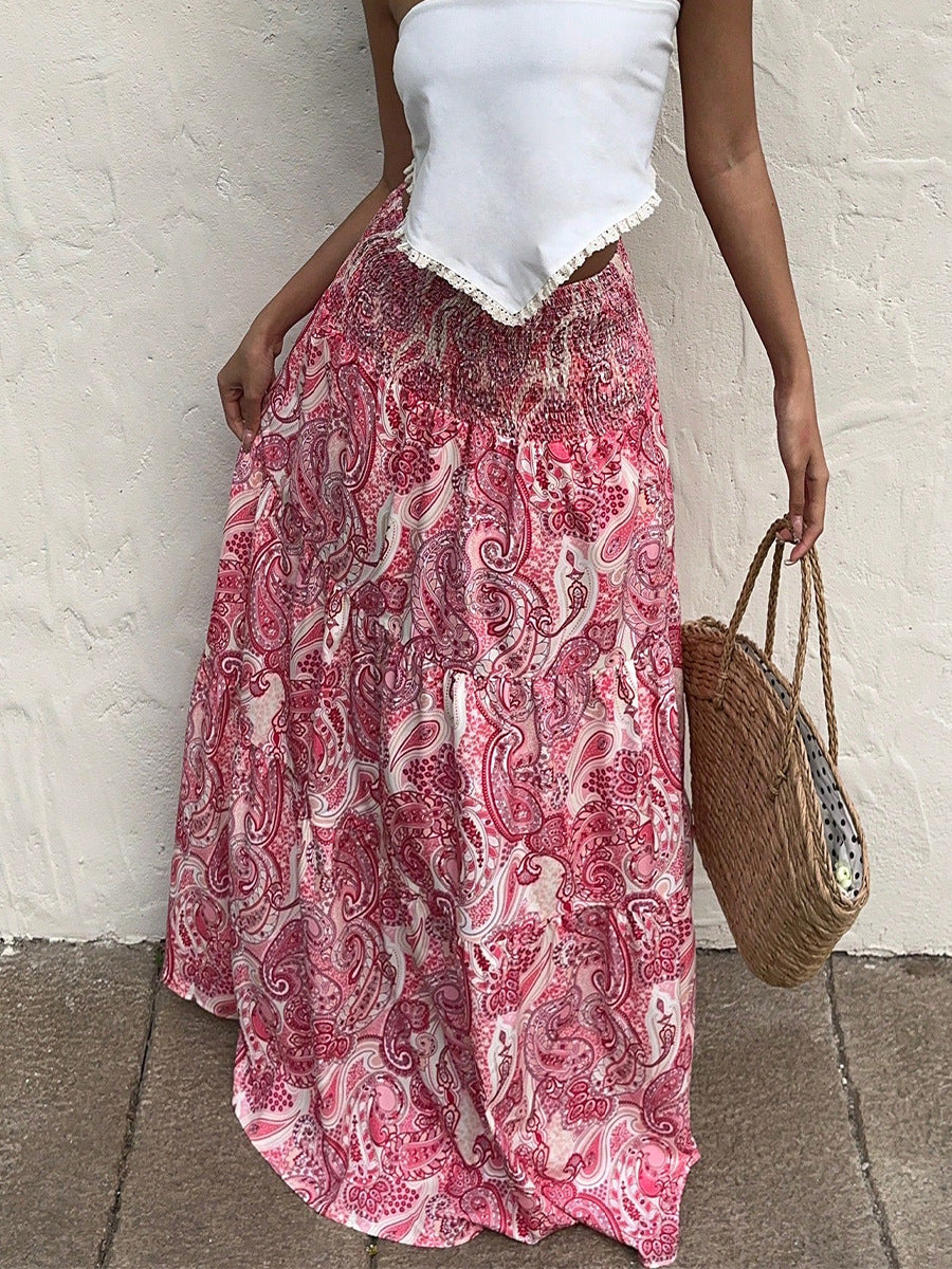 Boho Red Paisley Print Smocked Waist Maxi Skirt – High Waist Flowy Chiffon A-Line Skirt for Women (S–XL)
