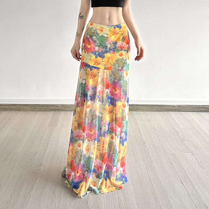 Colorful Floral Chiffon Midi Skirt – Asymmetrical High Waist Flowy Holiday Skirt for Women (S–XL)