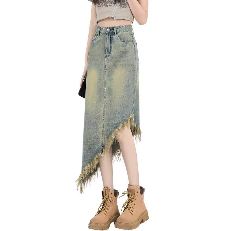 Asymmetrical High Waist Denim Midi Skirt – Frayed Hem Vintage Street Style A-Line Skirt for Women (S–XL)
