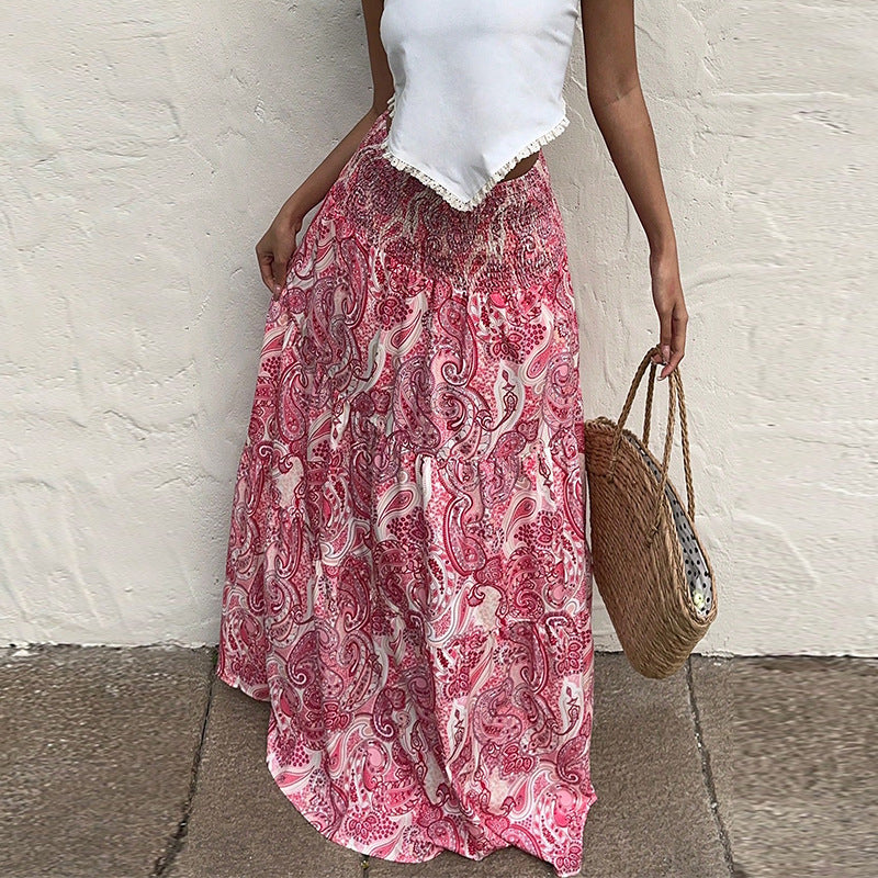Boho Red Paisley Print Smocked Waist Maxi Skirt – High Waist Flowy Chiffon A-Line Skirt for Women (S–XL)
