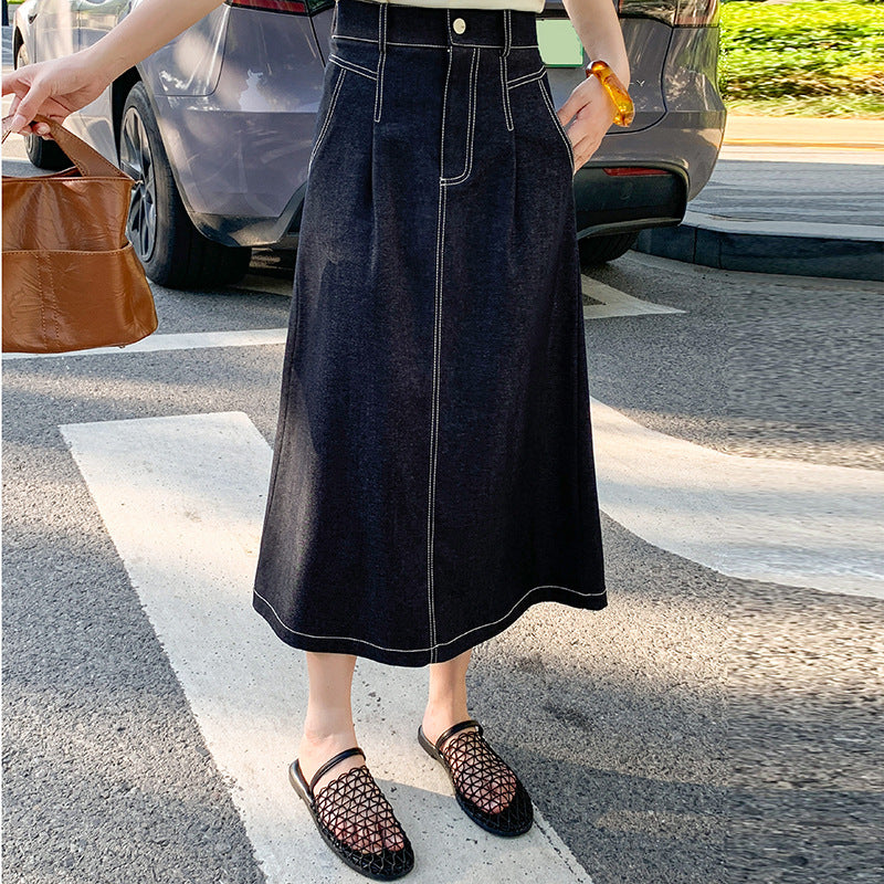 High Waist Dark Blue Straight Denim Midi Skirt – Basic Pocket Jean Skirt for Women (S–XL)
