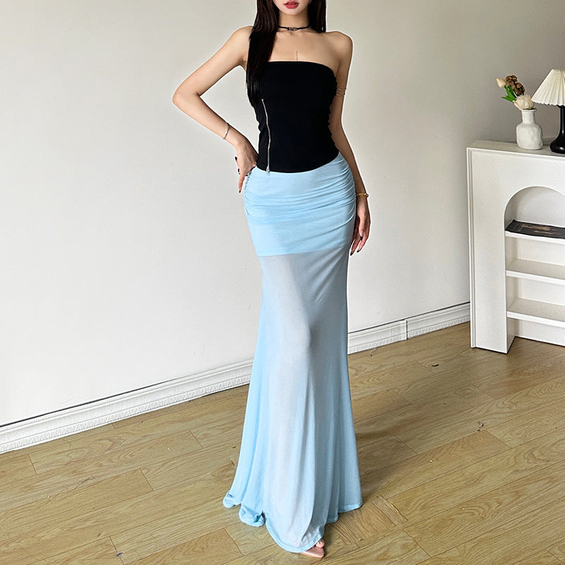 Ice Blue Mesh Patchwork High Waist Mermaid Midi Skirt – Sheer Slim Fit Party Skirt for Women (S–XL)
