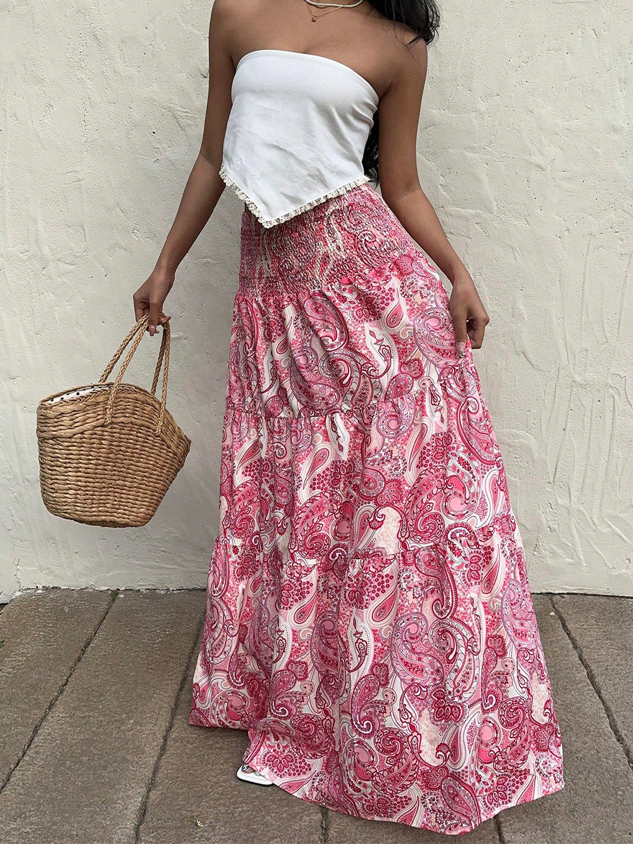 Boho Red Paisley Print Smocked Waist Maxi Skirt – High Waist Flowy Chiffon A-Line Skirt for Women (S–XL)