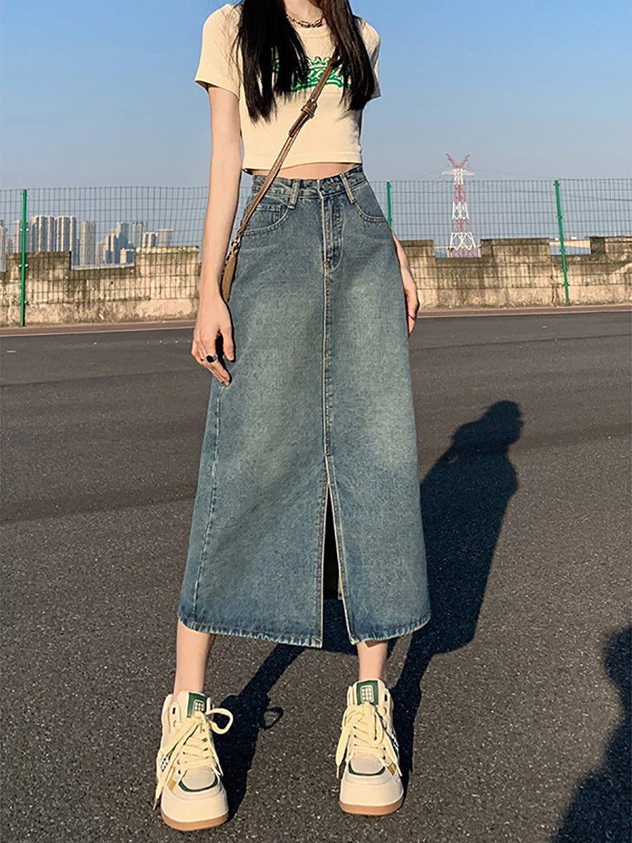 Vintage High Waist Front Slit Denim Midi Skirt – Straight A-Line Jean Skirt for Women (S–XL)