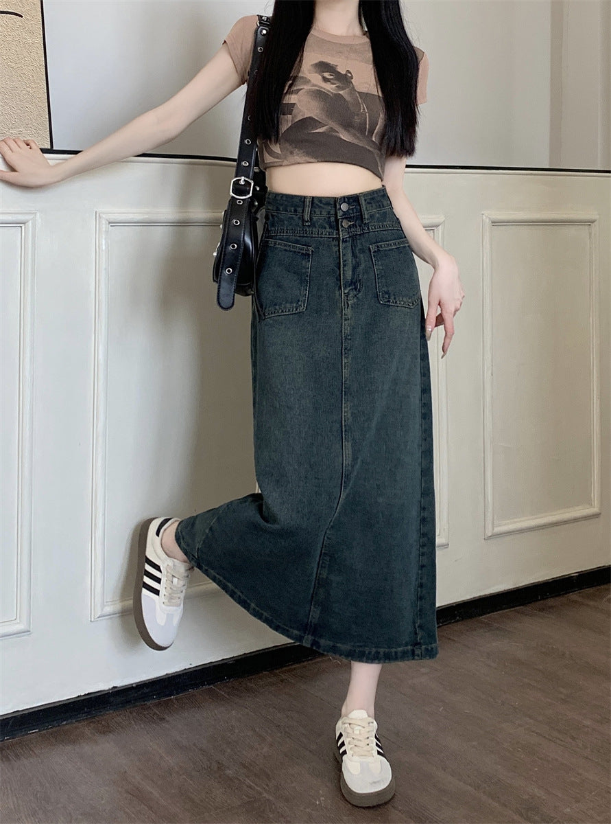 Vintage Washed High Waist Straight Denim Midi Skirt – Utility Pocket A-Line Skirt for Women (S–XL)