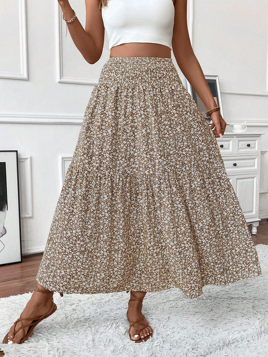 Boho Brown Floral High Waist Flowy Midi Skirt – Daisy Print Elastic Waist Skirt for Women (S–XL)