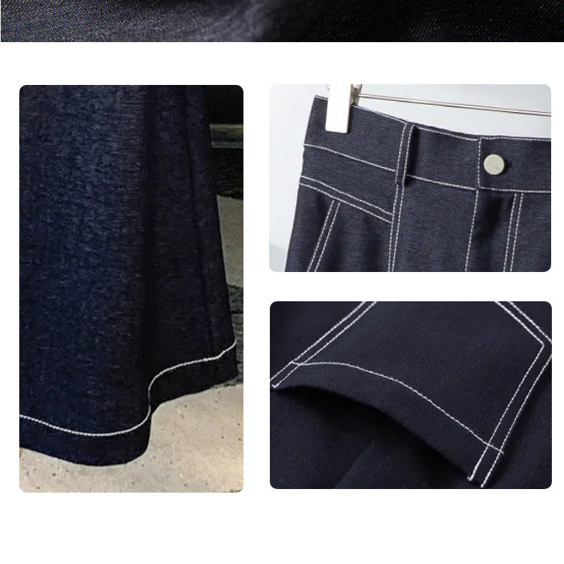High Waist Dark Blue Straight Denim Midi Skirt – Basic Pocket Jean Skirt for Women (S–XL)
