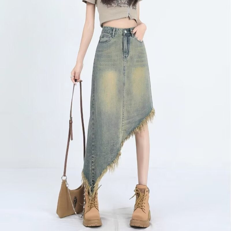 Asymmetrical High Waist Denim Midi Skirt – Frayed Hem Vintage Street Style A-Line Skirt for Women (S–XL)
